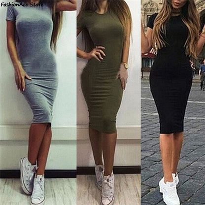 Summer Dresses Women Knee-Length Skinny Office Dress Short Sleeve Bandage Bodycon Beach Dress Vestidos Robes