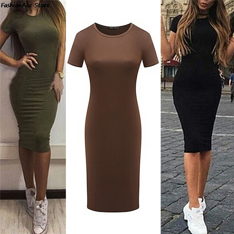 Summer Dresses Women Knee-Length Skinny Office Dress Short Sleeve Bandage Bodycon Beach Dress Vestidos Robes