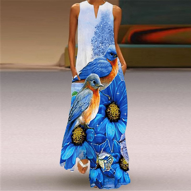 Summer Dresses Women Party Beach Sleeveless Casual Long Dress Woman Loose White Flowers Vintage Elegant Dress For Women VLCQ-303