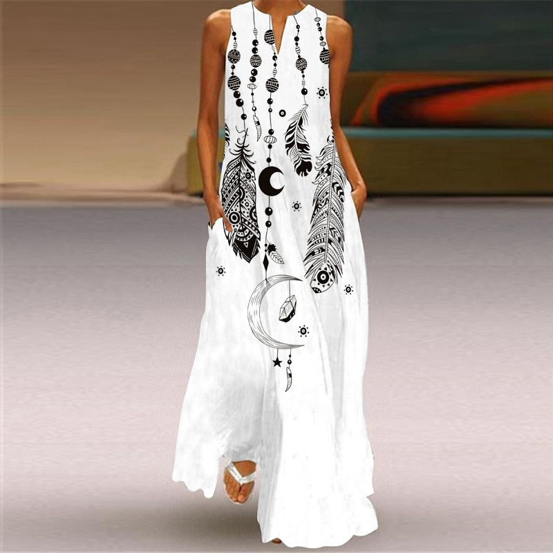 Summer Dresses Women Party Beach Sleeveless Casual Long Dress Woman Loose White Flowers Vintage Elegant Dress For Women VLCQ-123