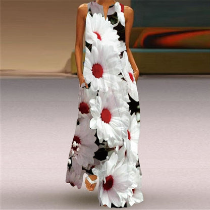 Summer Dresses Women Party Beach Sleeveless Casual Long Dress Woman Loose White Flowers Vintage Elegant Dress For Women VLCQ-311