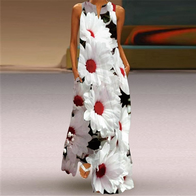 Summer Dresses Women Party Beach Sleeveless Casual Long Dress Woman Loose White Flowers Vintage Elegant Dress For Women