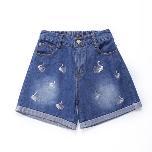 Summer Embroidery Crimping Jeans Elastic Waist Shorts Loose Straight Shorts Jeans For Women Fashion Swan Embroidery