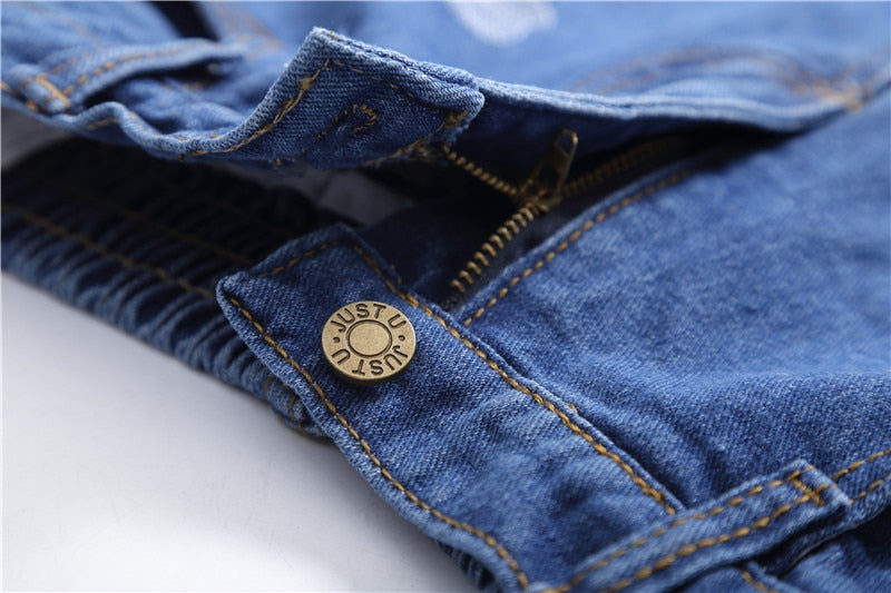 Summer Embroidery Crimping Jeans Elastic Waist Shorts Loose Straight Shorts Jeans For Women Fashion Swan Embroidery