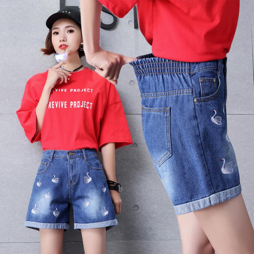 Summer Embroidery Crimping Jeans Elastic Waist Shorts Loose Straight Shorts Jeans For Women Fashion Swan Embroidery