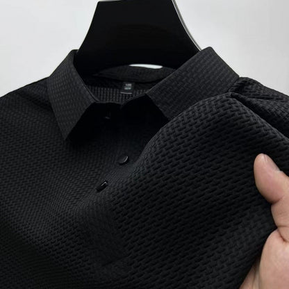 Summer New Men's Lop-up Hollow Fashion Short-sleeved Breathable Polo Shirt Silk Business T-Shirt Male Brand Clothes Black