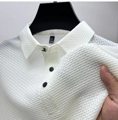 Summer New Men's Lop-up Hollow Fashion Short-sleeved Breathable Polo Shirt Silk Business T-Shirt Male Brand Clothes