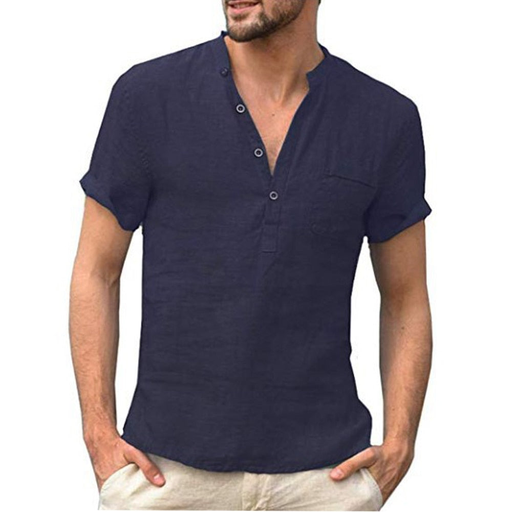 Summer New Men's Short-Sleeved T-shirt Cotton and Linen Led Casual Men's T-shirt Shirt Male Breathable S-3XL Navy Blue China