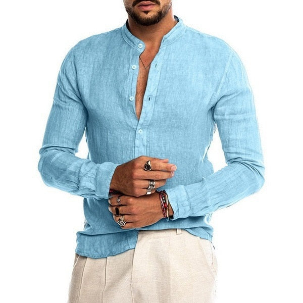 Summer New Men's Solid Color Linen Casual Shirt Cardigan Long Sleeve Thin And Breathable Shirts light blue