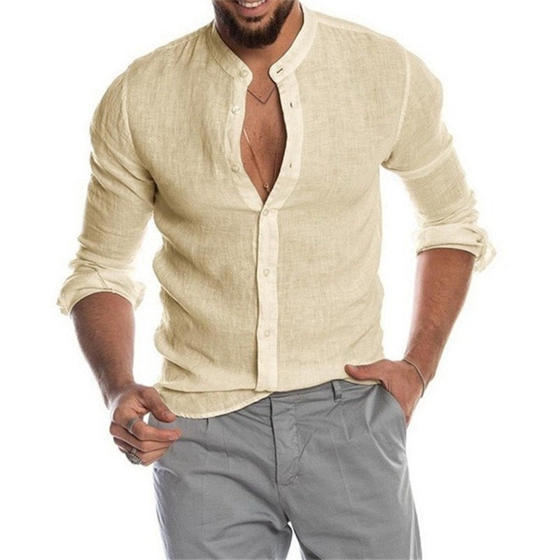 Summer New Men's Solid Color Linen Casual Shirt Cardigan Long Sleeve Thin And Breathable Shirts