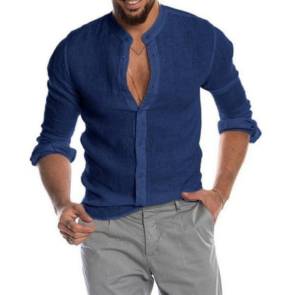 Summer New Men's Solid Color Linen Casual Shirt Cardigan Long Sleeve Thin And Breathable Shirts