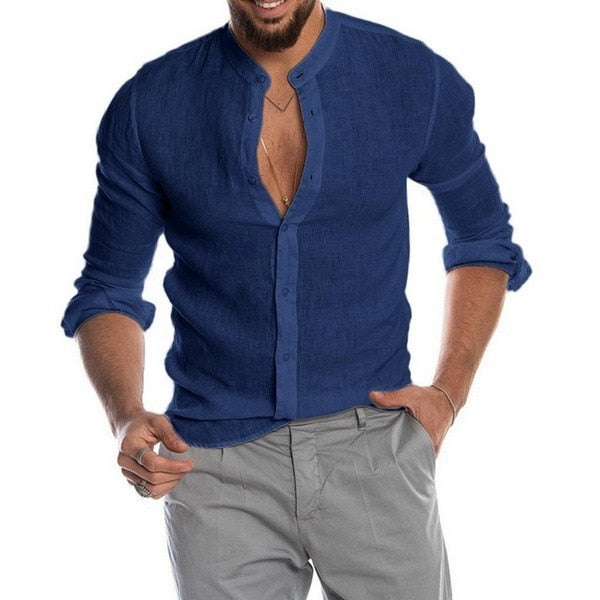 Summer New Men's Solid Color Linen Casual Shirt Cardigan Long Sleeve Thin And Breathable Shirts Sapphire
