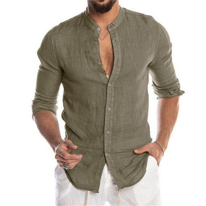 Summer New Men's Solid Color Linen Casual Shirt Cardigan Long Sleeve Thin And Breathable Shirts army green