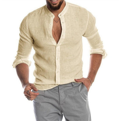 Summer New Men's Solid Color Linen Casual Shirt Cardigan Long Sleeve Thin And Breathable Shirts khaki