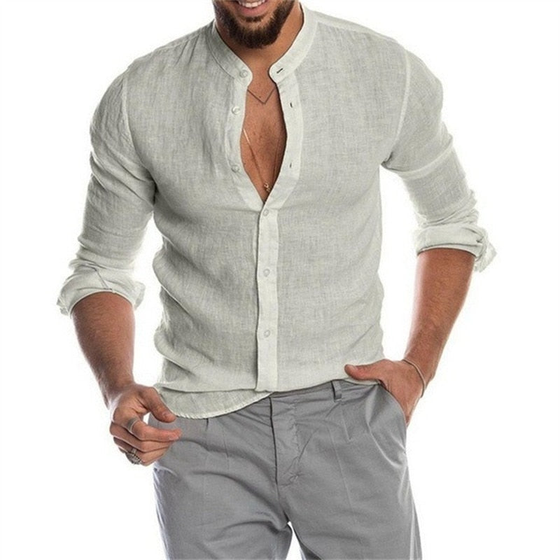 Summer New Men's Solid Color Linen Casual Shirt Cardigan Long Sleeve Thin And Breathable Shirts