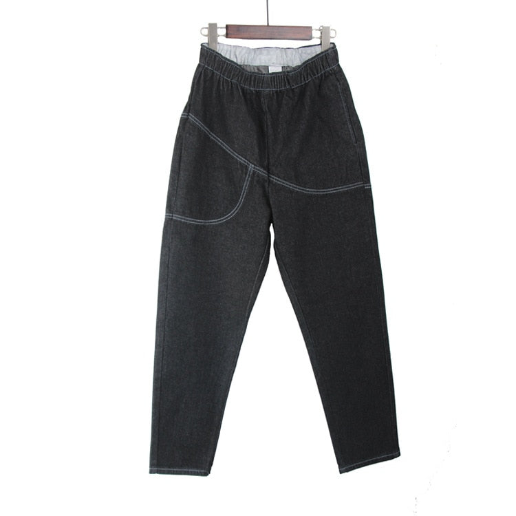 Summer New Plus Size Women's clothing Loose Leisure Harem Pants Solid color Elastic waist Jeans Black