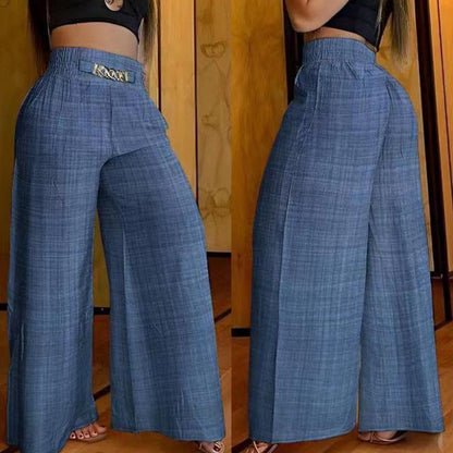 Summer Waist Wide Leg Straight Pants Women Chain High Casual Pocket Design Elegant Vacation Long Pants Streetwear Loose Trousers Dark Blue