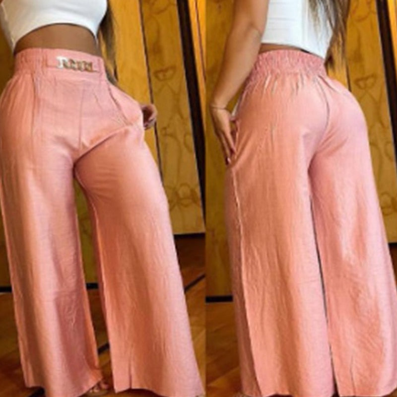 Summer Waist Wide Leg Straight Pants Women Chain High Casual Pocket Design Elegant Vacation Long Pants Streetwear Loose Trousers