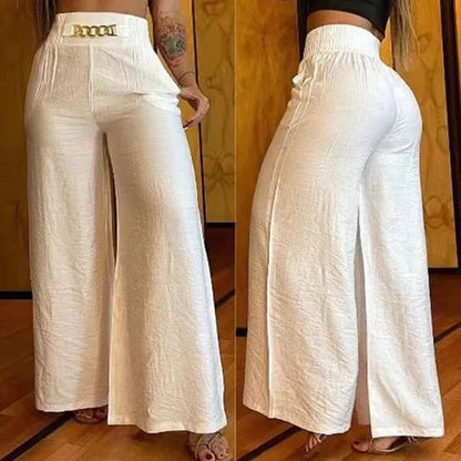 Summer Waist Wide Leg Straight Pants Women Chain High Casual Pocket Design Elegant Vacation Long Pants Streetwear Loose Trousers Beige