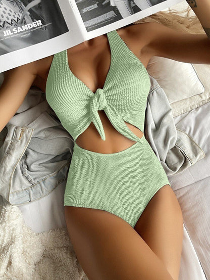 Swimsuit 2023 New Summer Sexy Women Pure Color Bikini Hollow Backless One Piece Bow Tie Brazilian Biquini Bathing Suit Swimwear Green