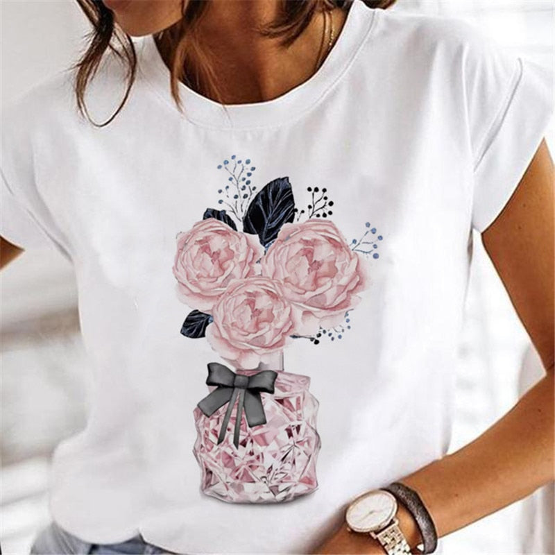 T-shirts Women Clothing Sweet Wine Print Girl 90s Cartoon Printing Clothes Graphic Tshirt Top Lady Print Female Tee T-Shirt 22