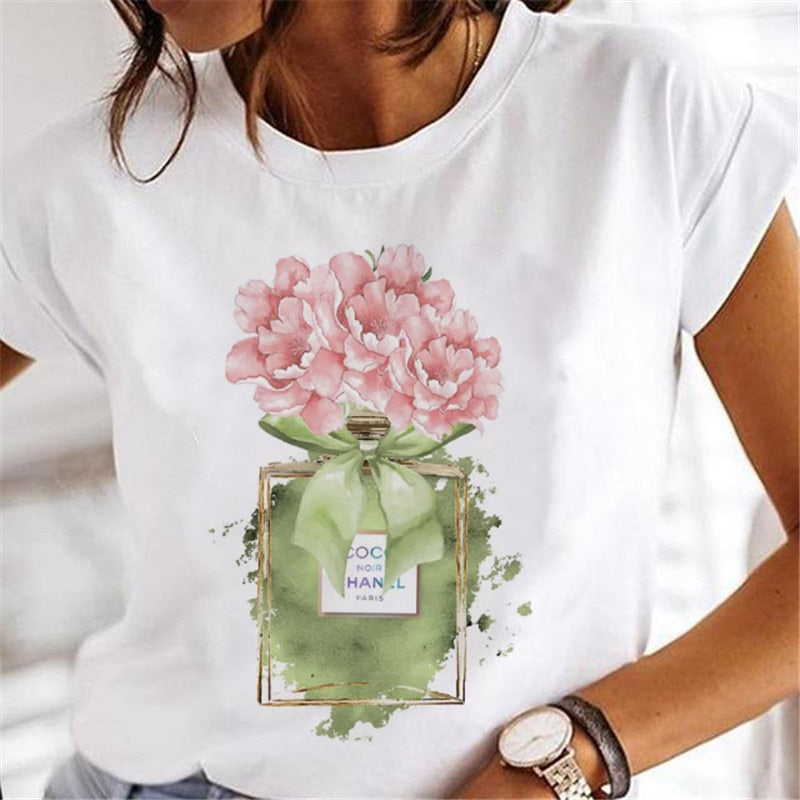 T-shirts Women Clothing Sweet Wine Print Girl 90s Cartoon Printing Clothes Graphic Tshirt Top Lady Print Female Tee T-Shirt