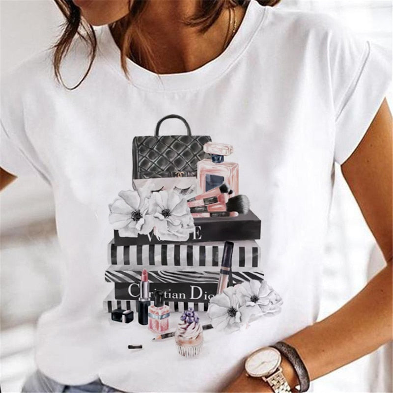 T-shirts Women Clothing Sweet Wine Print Girl 90s Cartoon Printing Clothes Graphic Tshirt Top Lady Print Female Tee T-Shirt 20