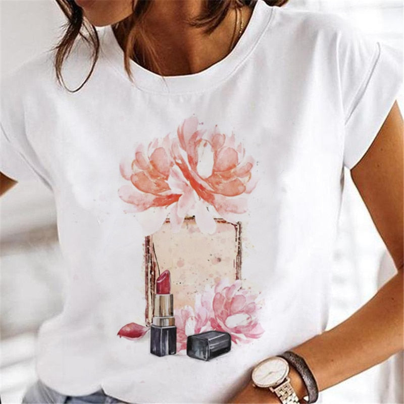 T-shirts Women Clothing Sweet Wine Print Girl 90s Cartoon Printing Clothes Graphic Tshirt Top Lady Print Female Tee T-Shirt 9