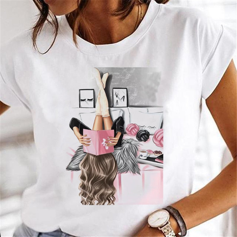 T-shirts Women Clothing Sweet Wine Print Girl 90s Cartoon Printing Clothes Graphic Tshirt Top Lady Print Female Tee T-Shirt 19