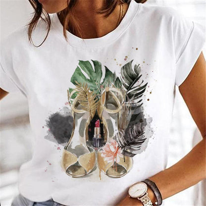 T-shirts Women Clothing Sweet Wine Print Girl 90s Cartoon Printing Clothes Graphic Tshirt Top Lady Print Female Tee T-Shirt 11