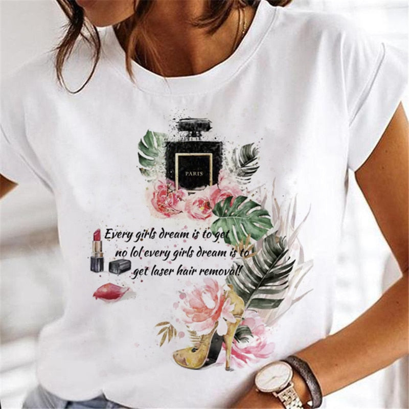 T-shirts Women Clothing Sweet Wine Print Girl 90s Cartoon Printing Clothes Graphic Tshirt Top Lady Print Female Tee T-Shirt 13