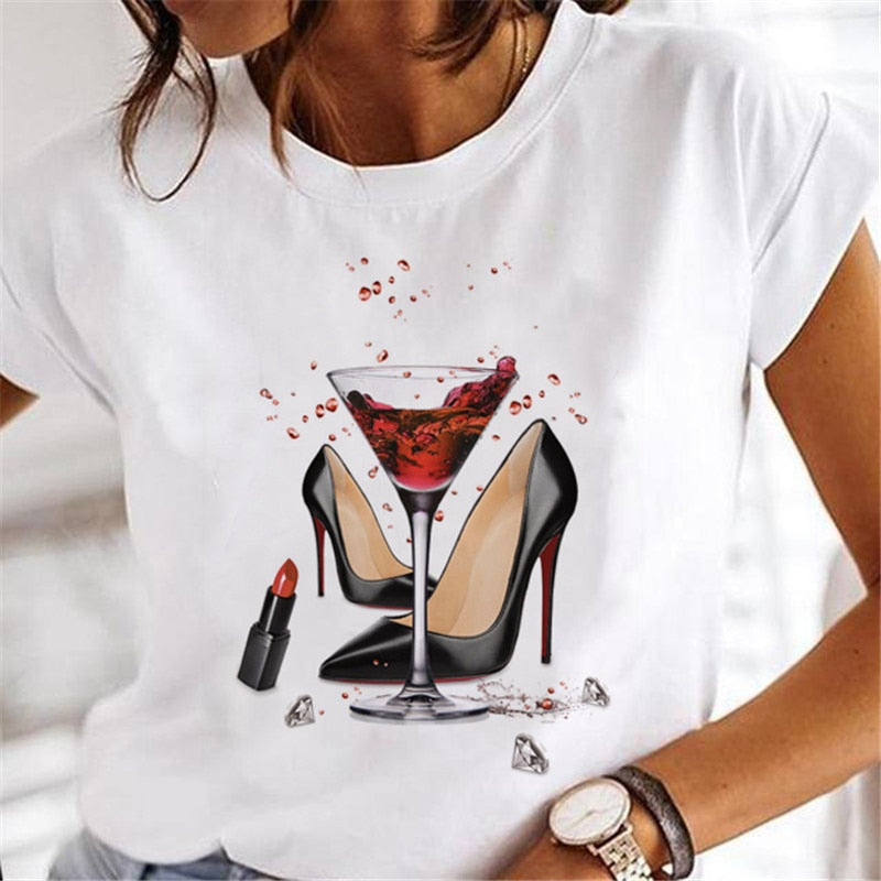 T-shirts Women Clothing Sweet Wine Print Girl 90s Cartoon Printing Clothes Graphic Tshirt Top Lady Print Female Tee T-Shirt