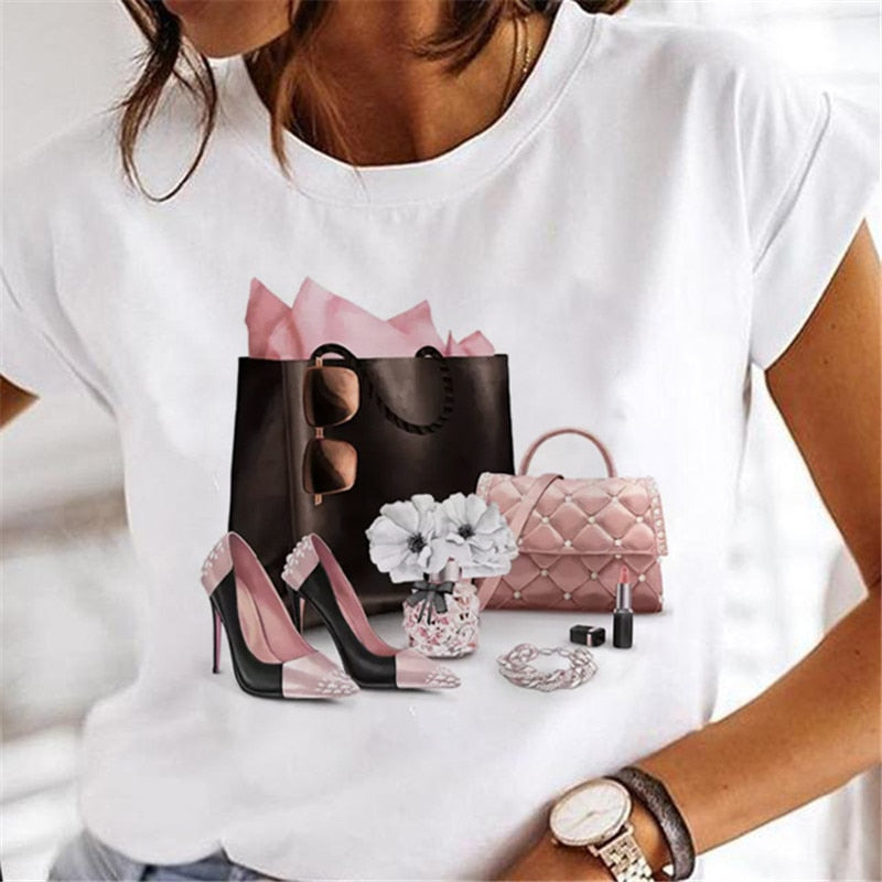 T-shirts Women Clothing Sweet Wine Print Girl 90s Cartoon Printing Clothes Graphic Tshirt Top Lady Print Female Tee T-Shirt 18