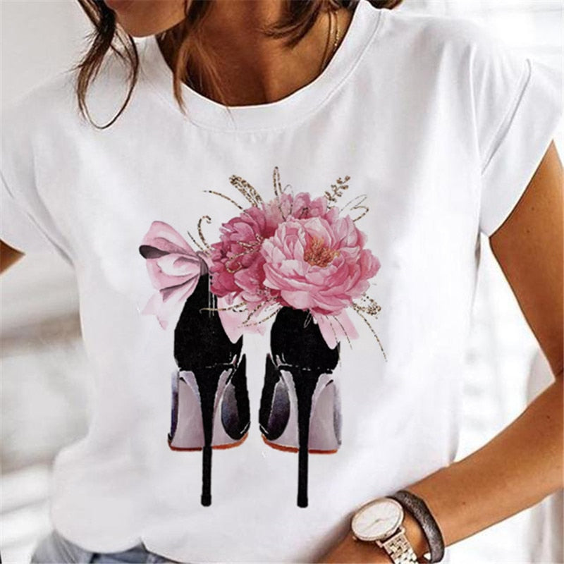 T-shirts Women Clothing Sweet Wine Print Girl 90s Cartoon Printing Clothes Graphic Tshirt Top Lady Print Female Tee T-Shirt