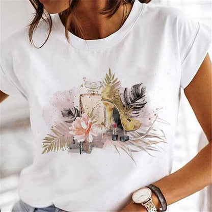 T-shirts Women Clothing Sweet Wine Print Girl 90s Cartoon Printing Clothes Graphic Tshirt Top Lady Print Female Tee T-Shirt 12