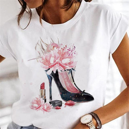 T-shirts Women Clothing Sweet Wine Print Girl 90s Cartoon Printing Clothes Graphic Tshirt Top Lady Print Female Tee T-Shirt 7