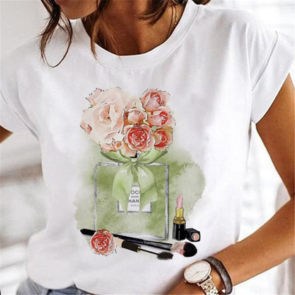 T-shirts Women Clothing Sweet Wine Print Girl 90s Cartoon Printing Clothes Graphic Tshirt Top Lady Print Female Tee T-Shirt