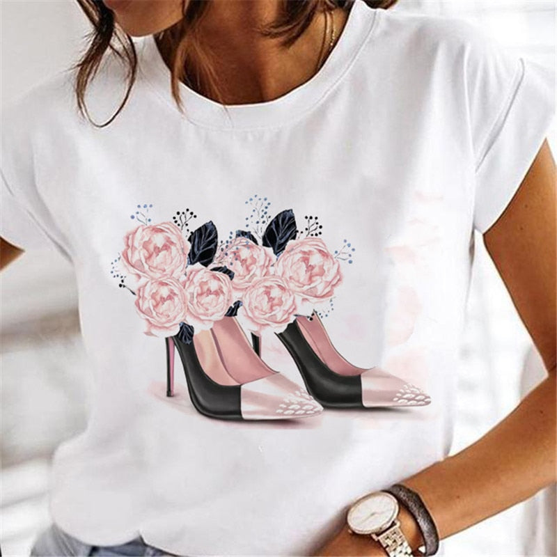 T-shirts Women Clothing Sweet Wine Print Girl 90s Cartoon Printing Clothes Graphic Tshirt Top Lady Print Female Tee T-Shirt 23