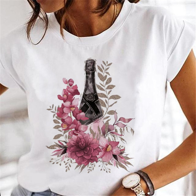 T-shirts Women Clothing Sweet Wine Print Girl 90s Cartoon Printing Clothes Graphic Tshirt Top Lady Print Female Tee T-Shirt 25