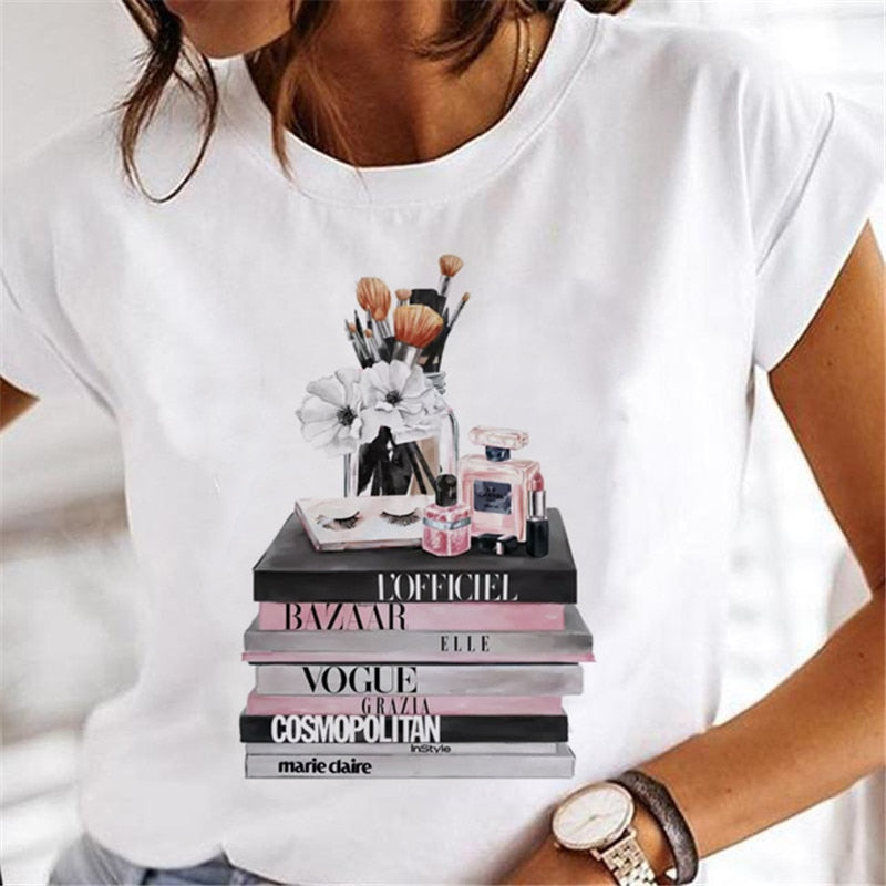 T-shirts Women Clothing Sweet Wine Print Girl 90s Cartoon Printing Clothes Graphic Tshirt Top Lady Print Female Tee T-Shirt