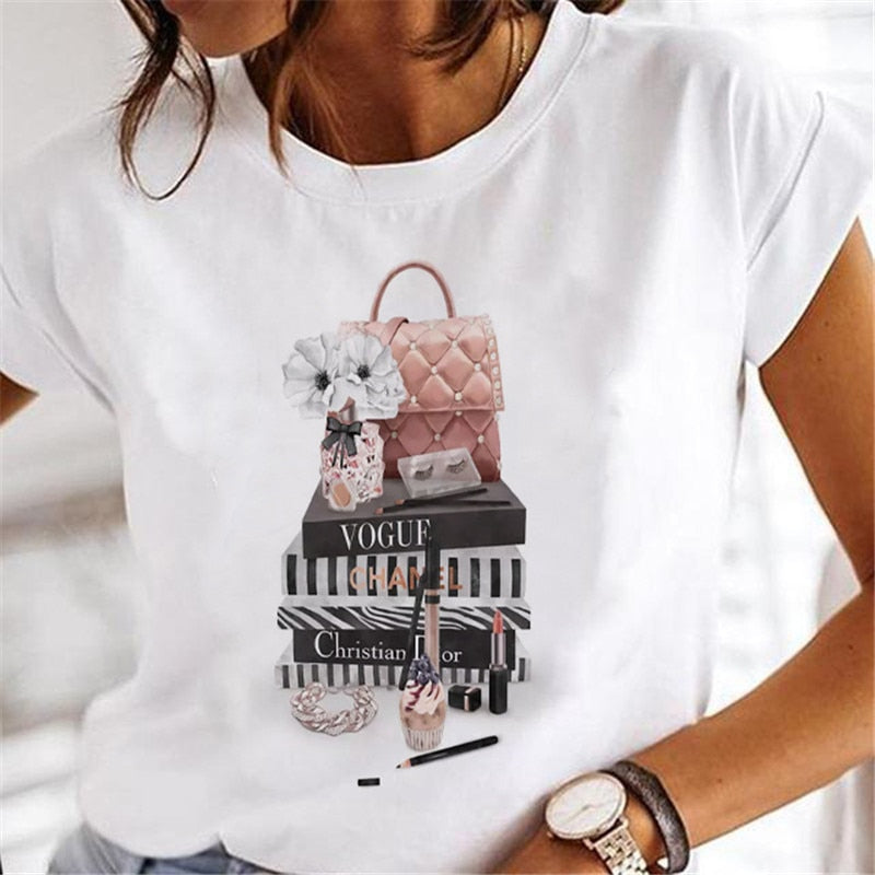 T-shirts Women Clothing Sweet Wine Print Girl 90s Cartoon Printing Clothes Graphic Tshirt Top Lady Print Female Tee T-Shirt