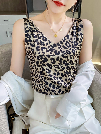 Tank Top Women Summer Leopard Artificial Silk Satin Thin Smooth Camis V-Neck Spaghetti Straps Backless Zebra Print Silky Leopard D36