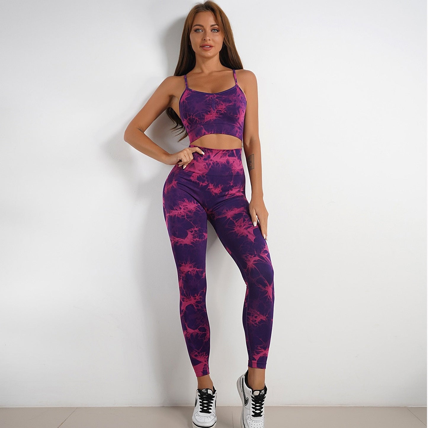 Tie Dye Seamless Yoga Set for Women: Sports Bra, Leggings, and Shorts Mauve Leggings Set