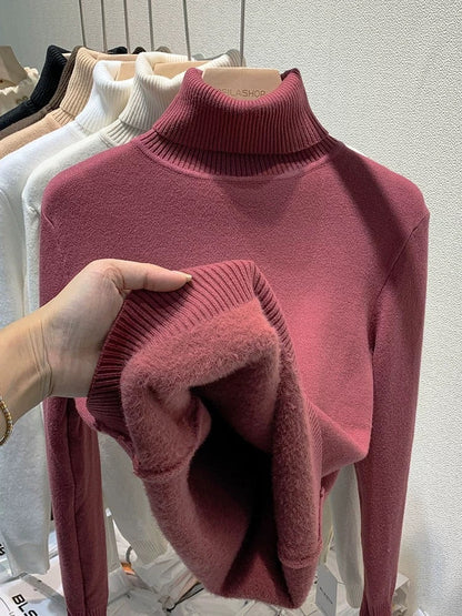 Turtleneck Winter Sweater Women Elegant Thicken Velvet Lined Warm Sueter Knitted Pullover Slim Tops Jersey Knitwear Jumper New Coral red