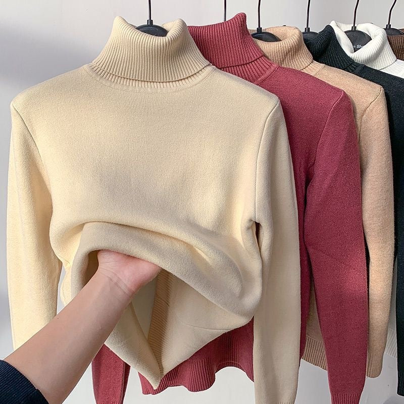 Turtleneck Winter Sweater Women Elegant Thicken Velvet Lined Warm Sueter Knitted Pullover Slim Tops Jersey Knitwear Jumper New Apricot