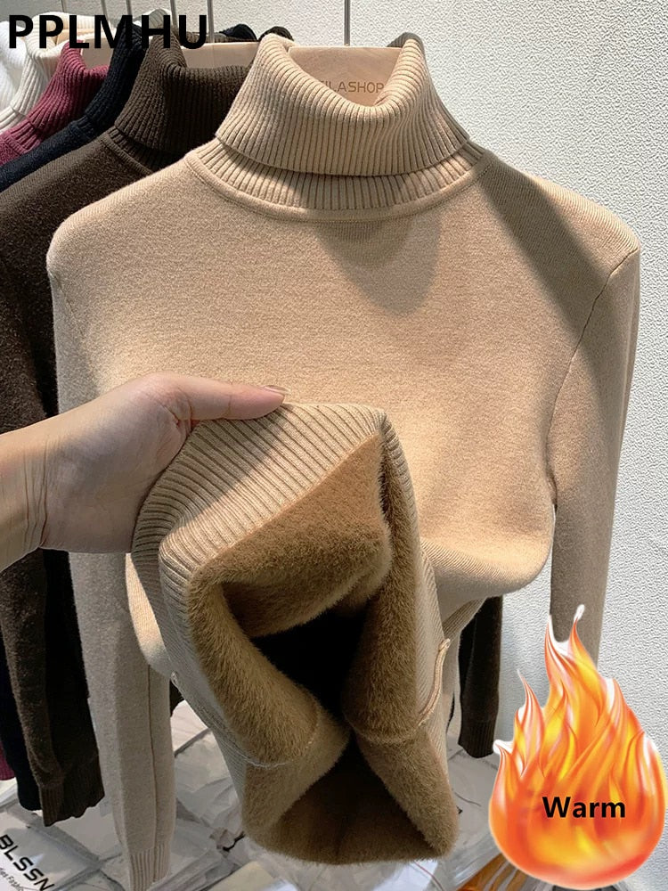 Turtleneck Winter Sweater Women Elegant Thicken Velvet Lined Warm Sueter Knitted Pullover Slim Tops Jersey Knitwear Jumper New khaki