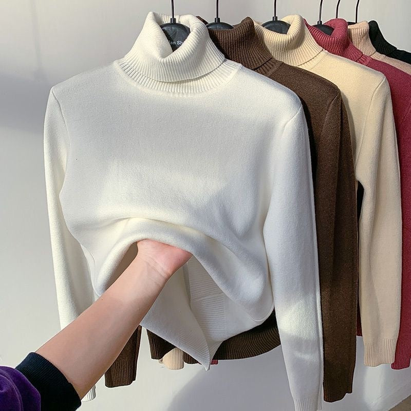 Turtleneck Winter Sweater Women Elegant Thicken Velvet Lined Warm Sueter Knitted Pullover Slim Tops Jersey Knitwear Jumper New white