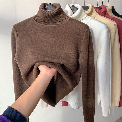 Turtleneck Winter Sweater Women Elegant Thicken Velvet Lined Warm Sueter Knitted Pullover Slim Tops Jersey Knitwear Jumper New coffee