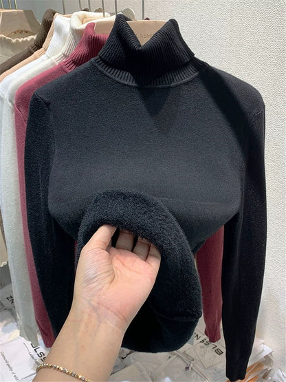 Turtleneck Winter Sweater Women Elegant Thicken Velvet Lined Warm Sueter Knitted Pullover Slim Tops Jersey Knitwear Jumper New black