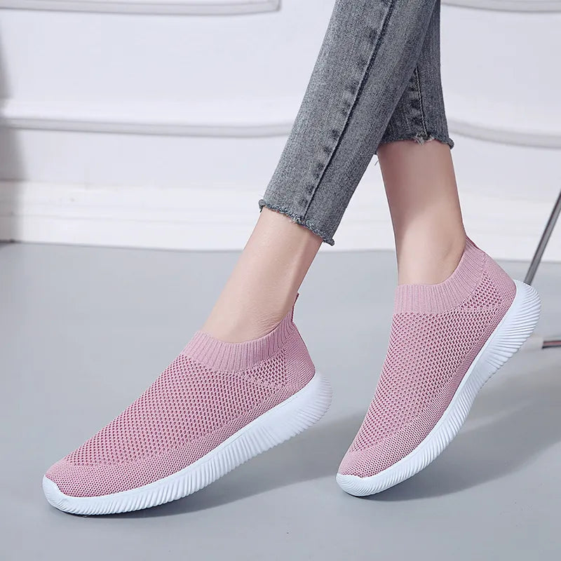 VIP Knitted Sneakers for Women Autumn Slip on Breathable Mesh Casual Shoes Woman Flat Heels Plus Size Loafers Zapatos Mujer